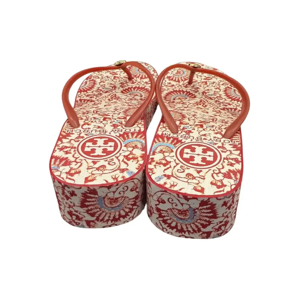 Tory Burch Thandie Printed Platform Wedge Flip Flops Red Women’s 7